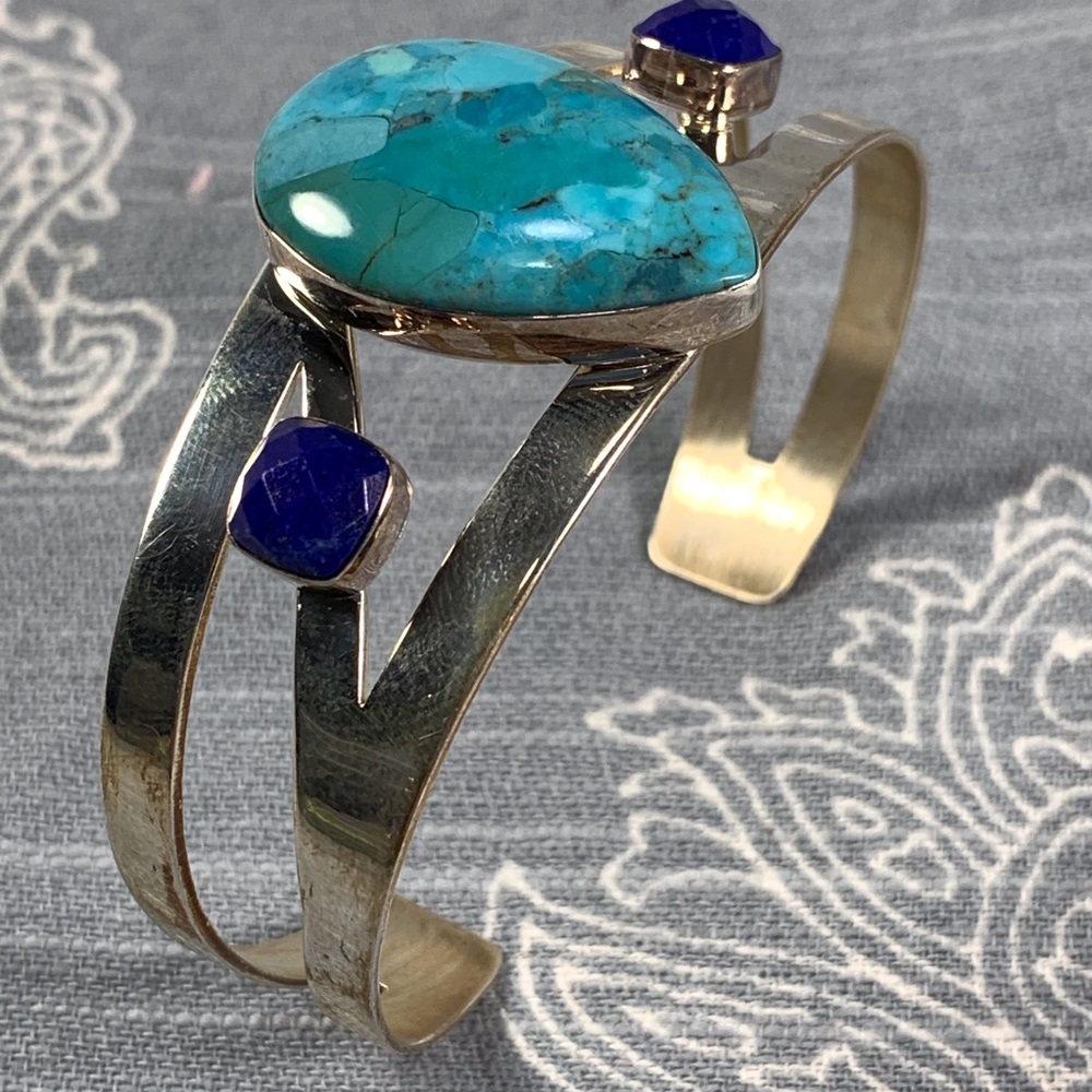 Turquoise and blue stone sterling silver bracelet